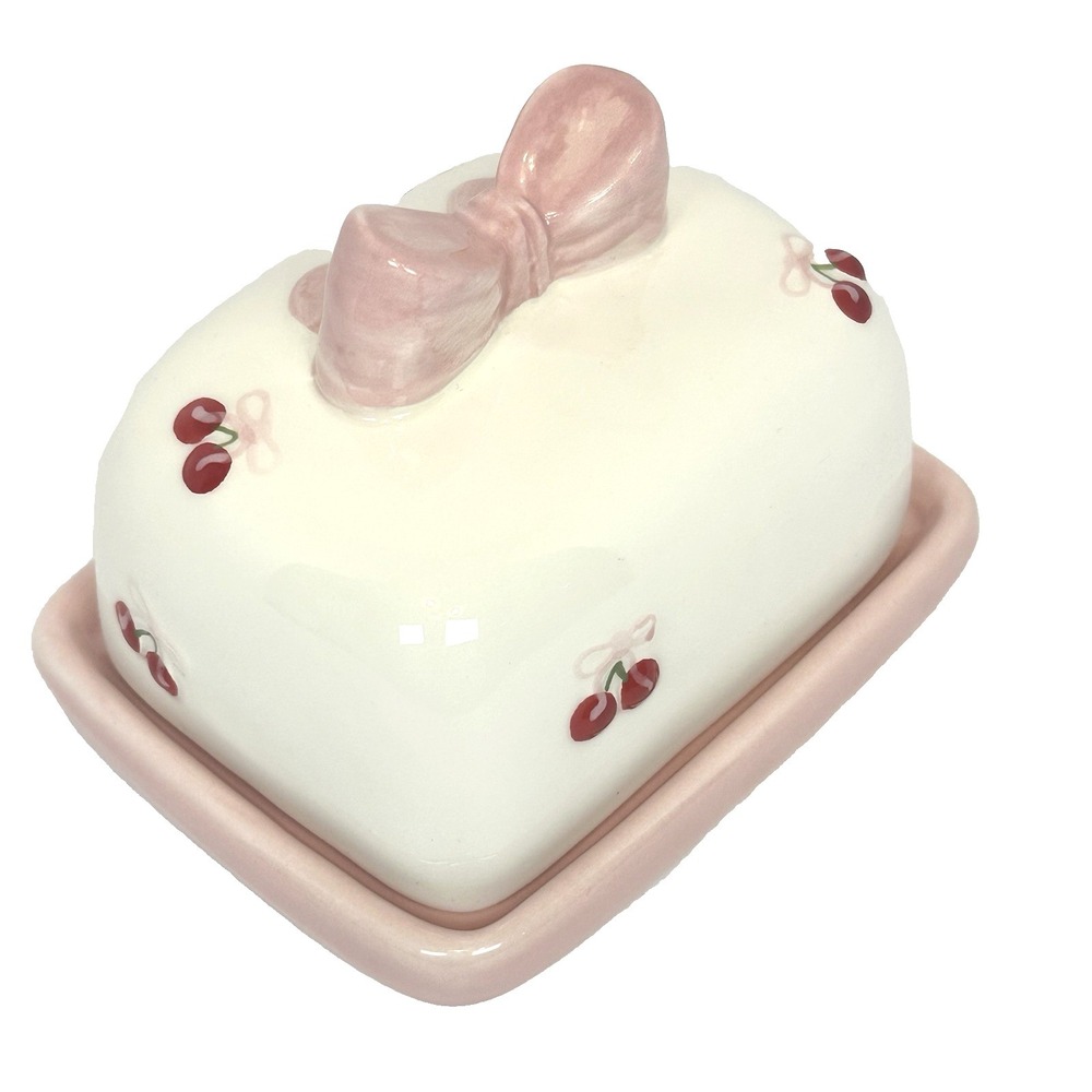 Pink Cherry Butter Dish Bow Lid Coquette Cottagecore Kawaii Kitchen Decor New